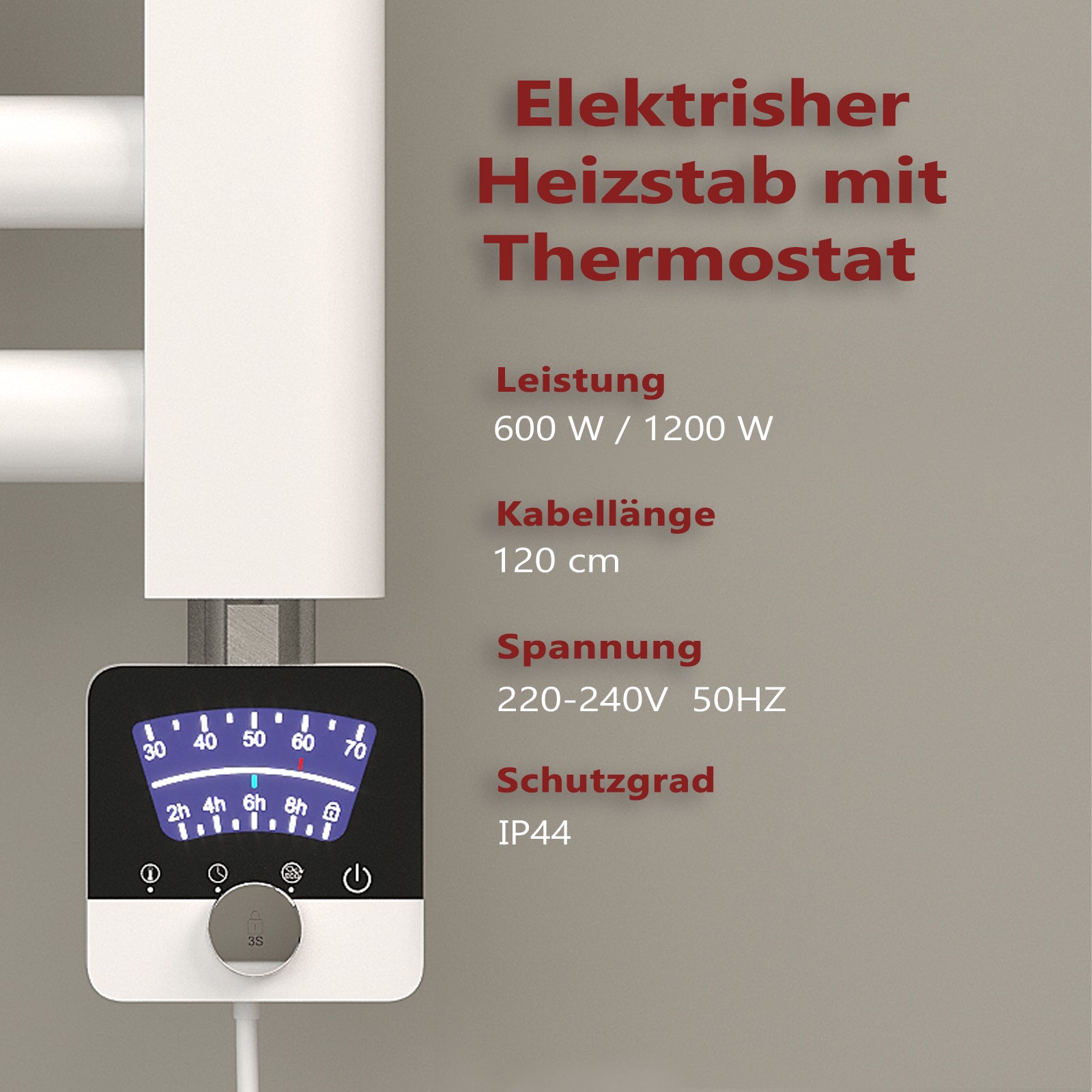 Elektroheizstab mit Regulierungsuhr Kinderschutz Trockenschutz Timer bis 9Std Frostschutz Antifreeze