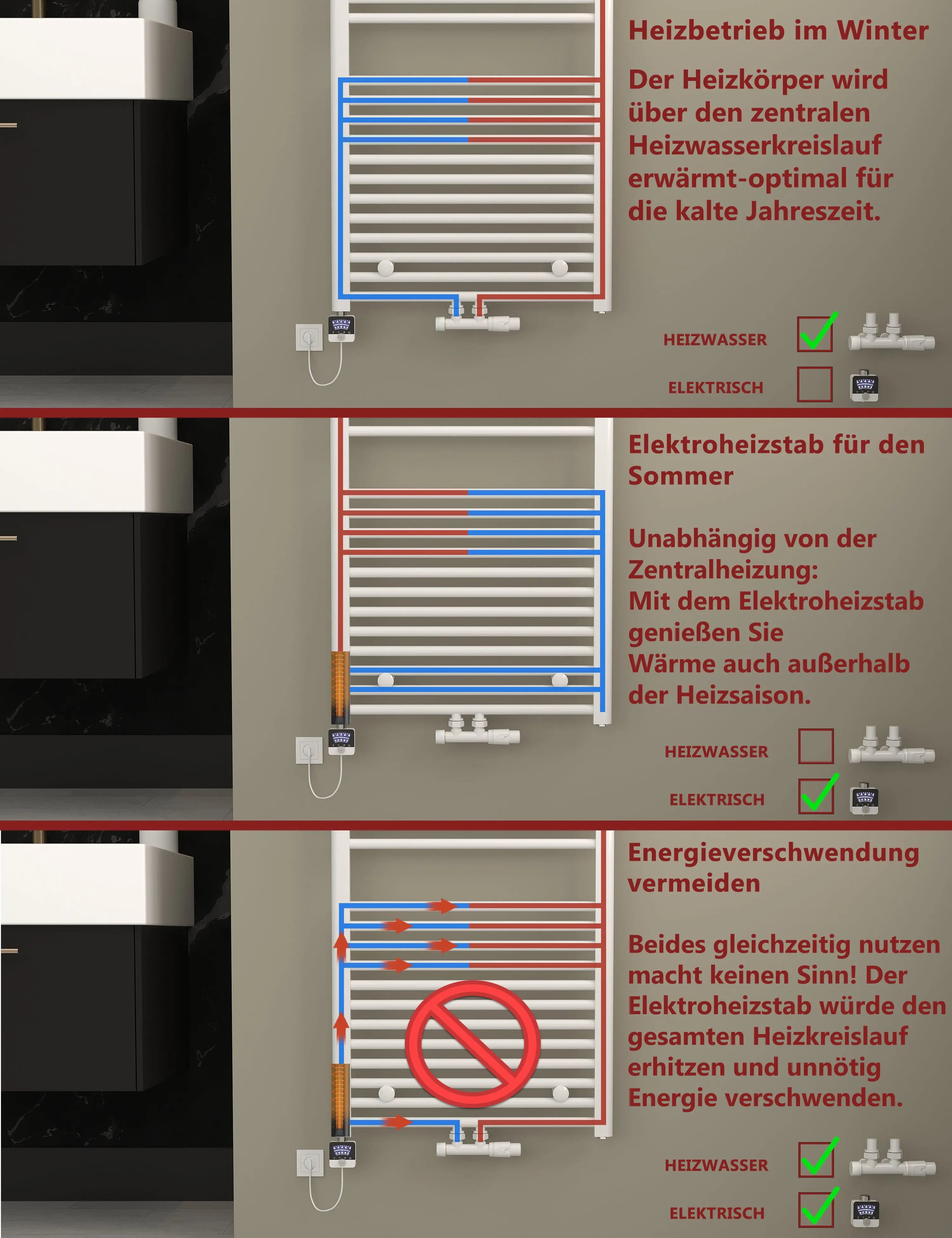 Handtuchheizkörper elektrisch ALRAKIS Gerade Schwarz inkl. Heizstab Badheizkoerper.SHOP Badheizkoerper Heizkörper