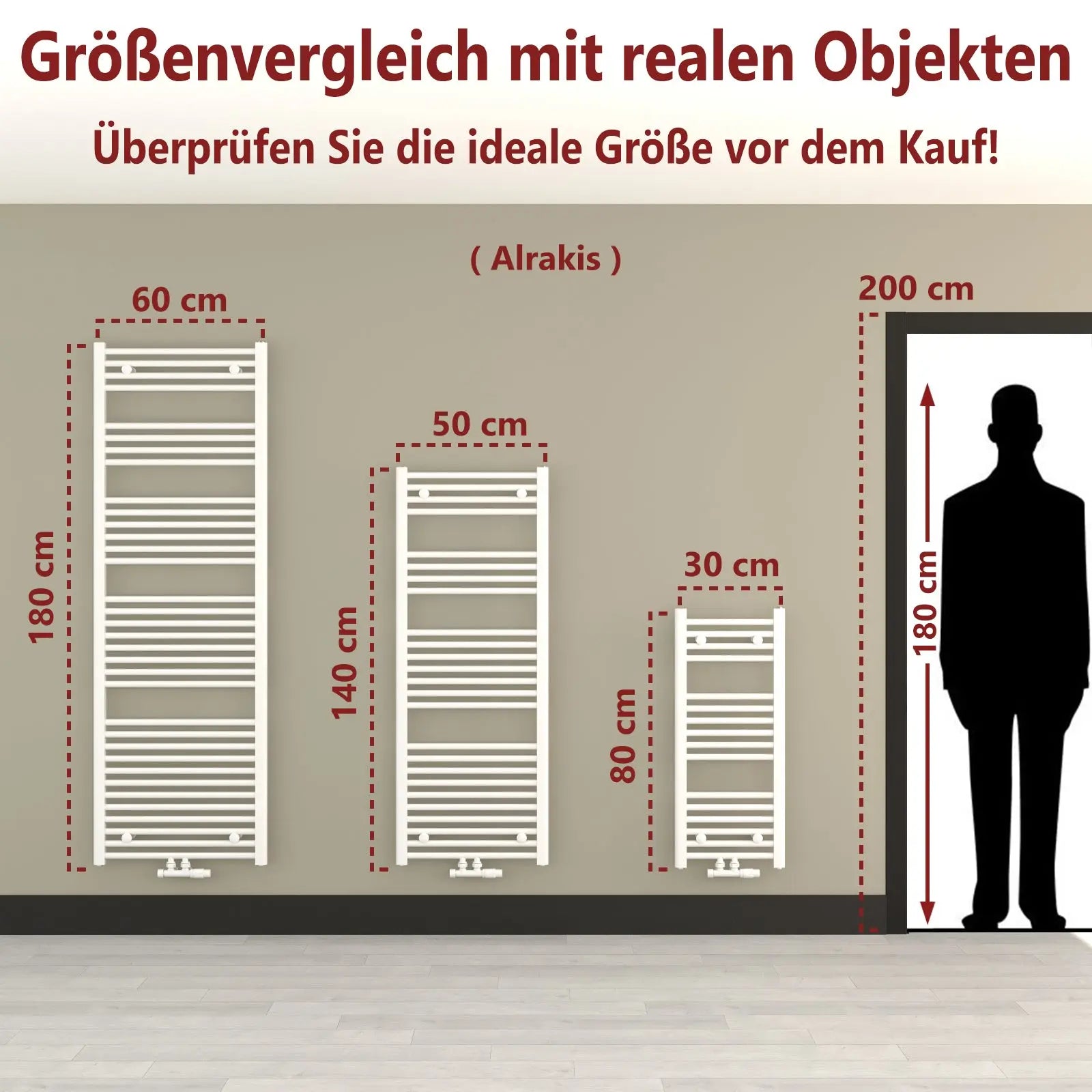 badheizkoerper.shop schaubild über die größenvergleiche von Alrakis modellen im vergleich zu einem Menschen und Tür