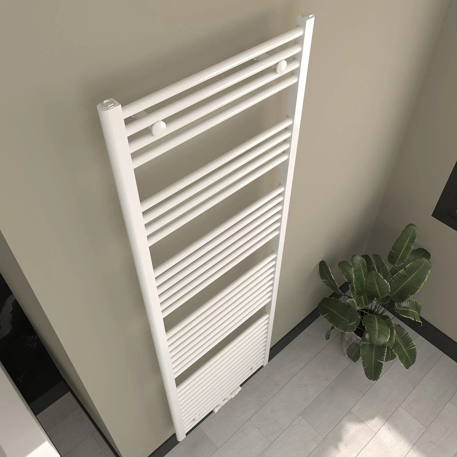 Handtuchheizkörper - Badheizkörper Weiss elektrisch Ansicht von oben links