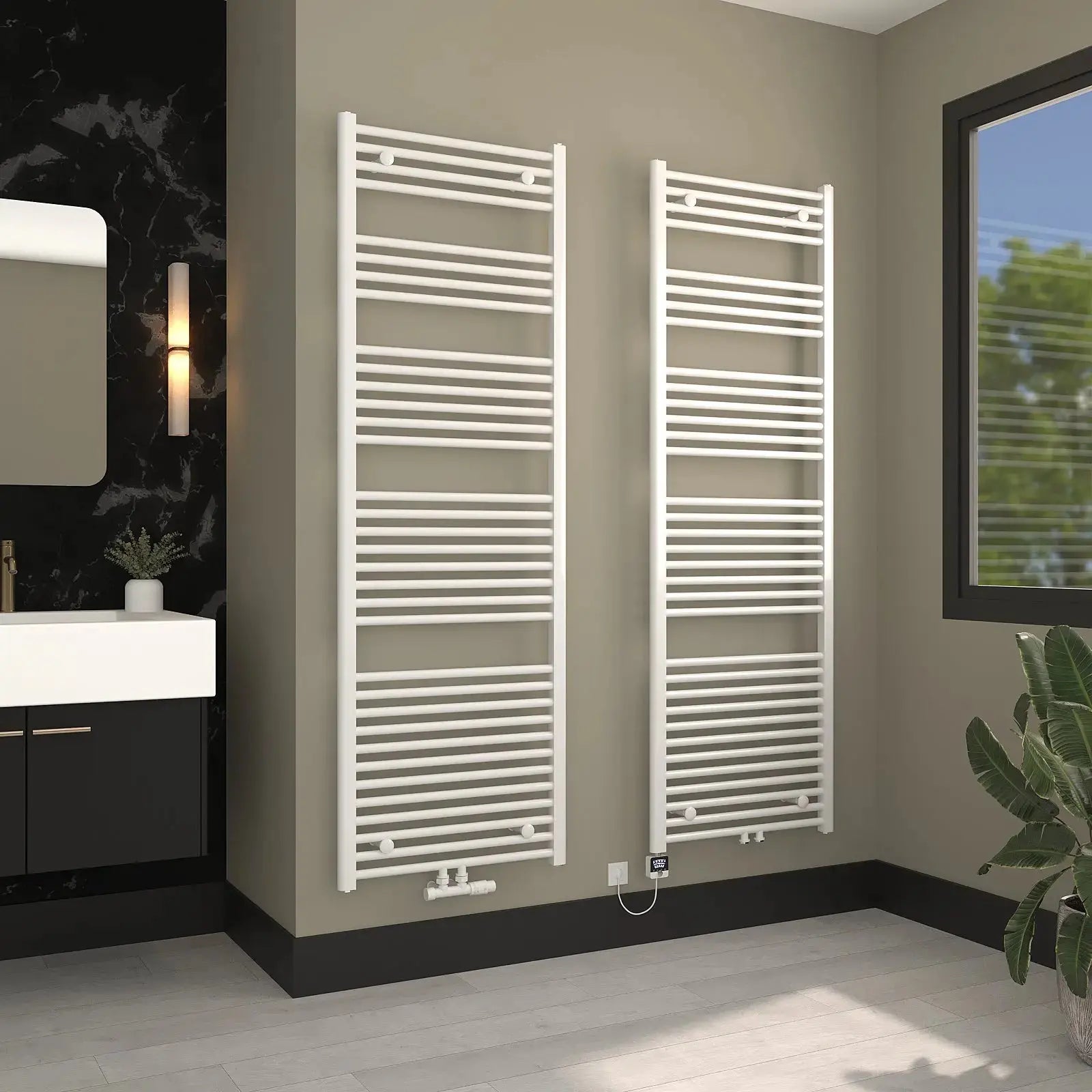 Handtuchheizkörper - Badheizkörper Weiss Schaubild für Heizwasserbetrieb und elektrisch, optional befüllt und Elektroheizstab vormontiert – badheizkoerper.shop