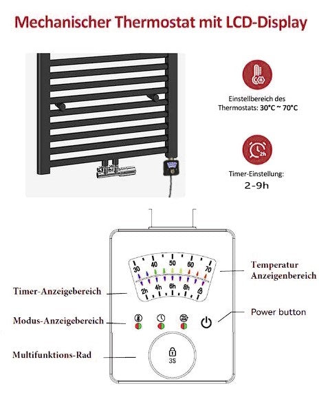 Elektroheizstab mit Regulierungsuhr Kinderschutz Trockenschutz Timer bis 9Std Frostschutz Antifreeze