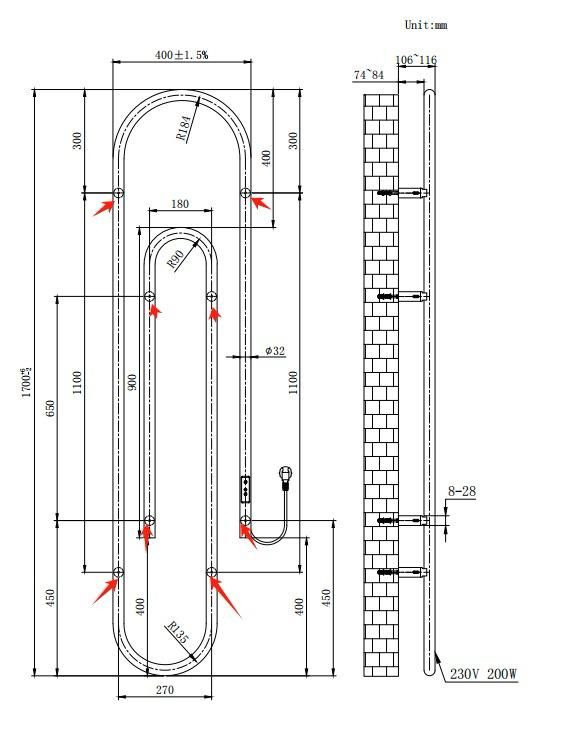 BELLATRIX Designer-Heizkörper Büroklammer | 200 W | 38x170cm