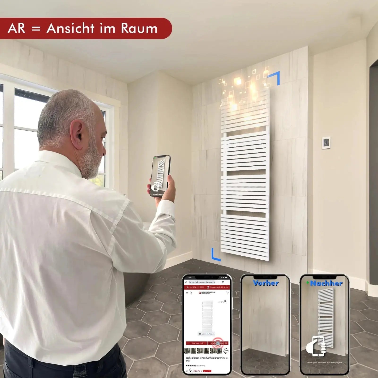 Augmented Reality Heizkörper Vorschau im Raum: Nutzer visualisiert per Smartphone einen Badheizkörper als 3D-Simulation an der Wand zur realistischen Größen- und Montageplanung vor dem Kauf
